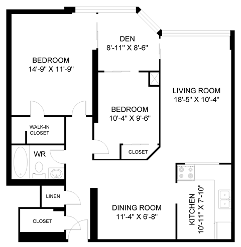 Floor plan for 2 beds, 1 bath, 1031 sqft